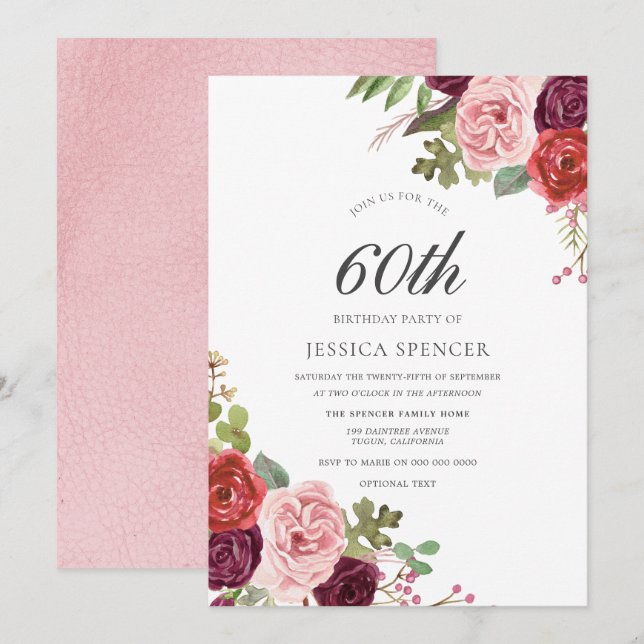 Pink & Burgundy Floral 60th Birthday Party Invite (Front/Back)
