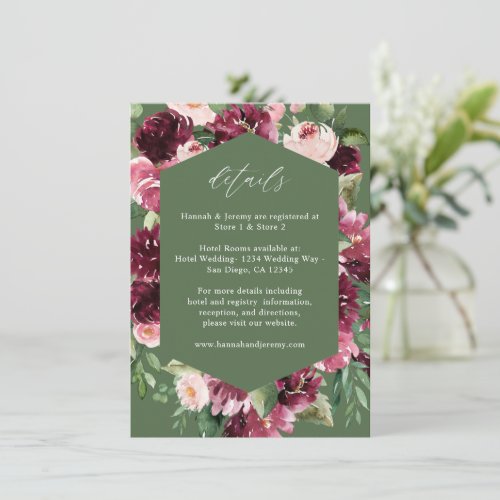 Pink  Burgundy Floral 7 Details  _ Green Enclosure Card