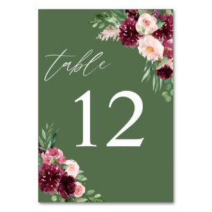 Pink & Burgundy Floral 7 - Green Table Number