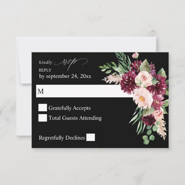 Pink & Burgundy Floral 7 no Meal RSVP  - Black V3 Card (Front)
