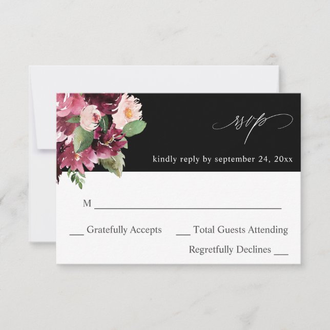 Pink & Burgundy Floral 7 no Meal RSVP V2  - Black Card (Front)