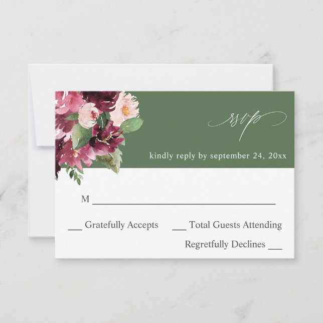 Pink & Burgundy Floral 7 no Meal RSVP V2  - Green Card (Front)