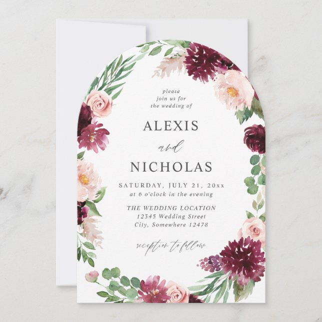Pink & Burgundy Floral 7 Wedding- Arch Invitation (Front)