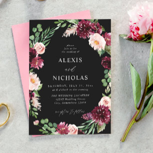 Pink & Burgundy Floral 7 Wedding - Black Invitation