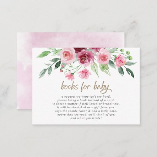 Pink Burgundy Floral Baby Shower Book Request Enclosure Card