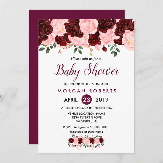 Pink & Burgundy Floral Baby Shower Invitation (Front/Back)