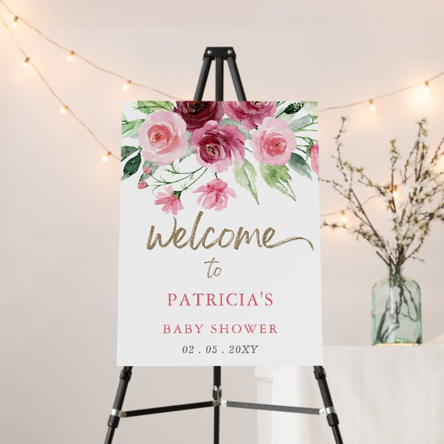 Pink Burgundy Floral Baby Shower Welcome Sign (In Situ (Stand))