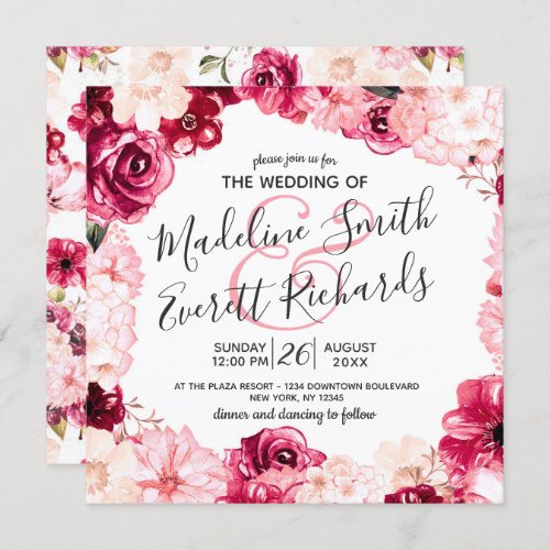 Pink  Burgundy Floral Border Wedding Invitations