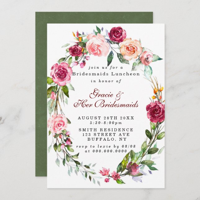 Pink Burgundy Floral Bridesmaids Luncheon Invites (Front/Back)
