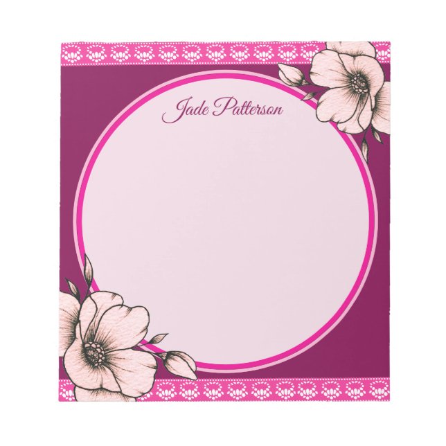 Pink & Burgundy Floral Circle Frame Name Template  Notepad (Front)