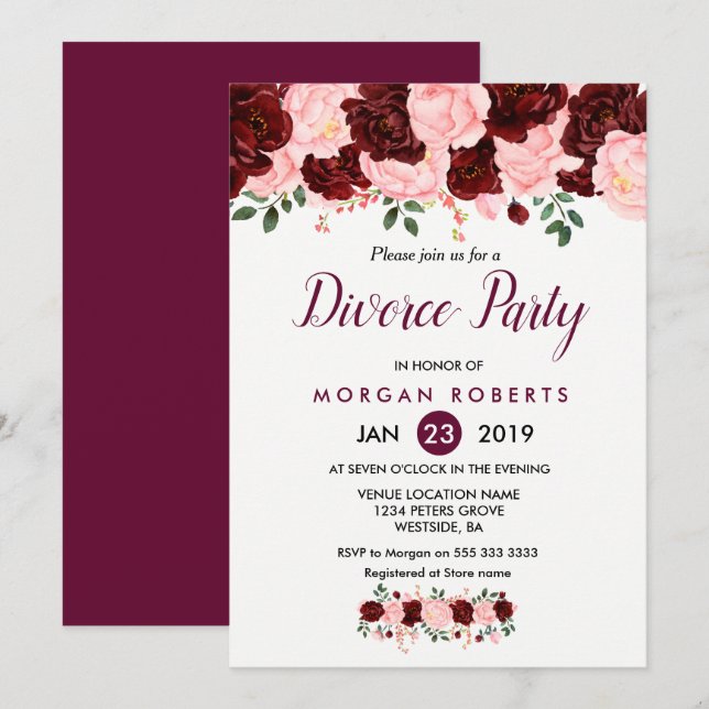 Pink & Burgundy Floral Divorce Party Invitation (Front/Back)
