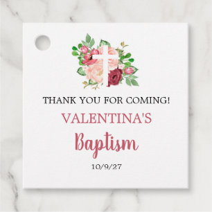 Pink Burgundy Floral Girl Baptism Favor Tags
