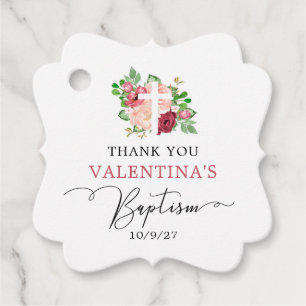 Pink Burgundy Floral Girl  Baptism Favor Tags
