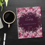Pink burgundy floral glitter name 2024 planner<br><div class="desc">A burgundy background with pink faux glitter dust and florals. The name is written with a modern hand lettered style script.  Personalize and add your name,  title and year.</div>