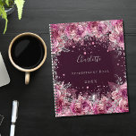 Pink burgundy floral glitter name 2025 planner<br><div class="desc">A burgundy background with pink faux glitter dust and florals. The name is written with a modern hand lettered style script.  Personalize and add your name,  title and year.</div>