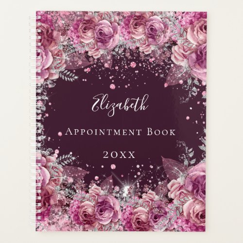 Pink burgundy floral glitter name planner