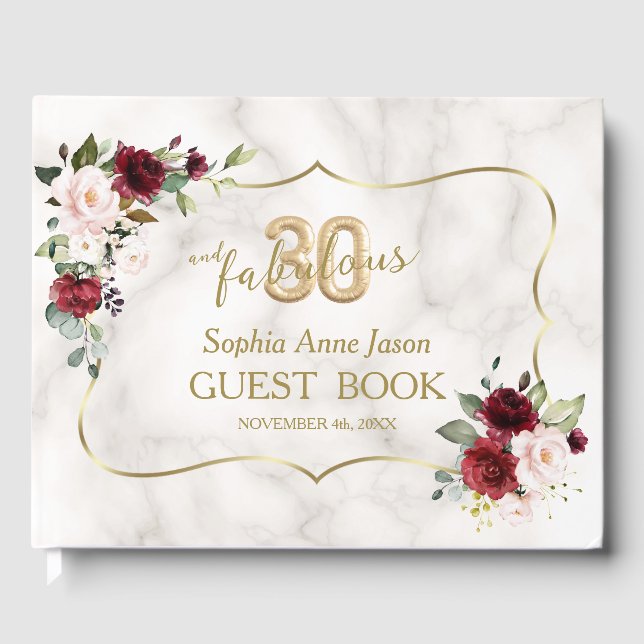 Pink Burgundy Floral Gold 30 and Fabulous Birthday Guest Book (Front)