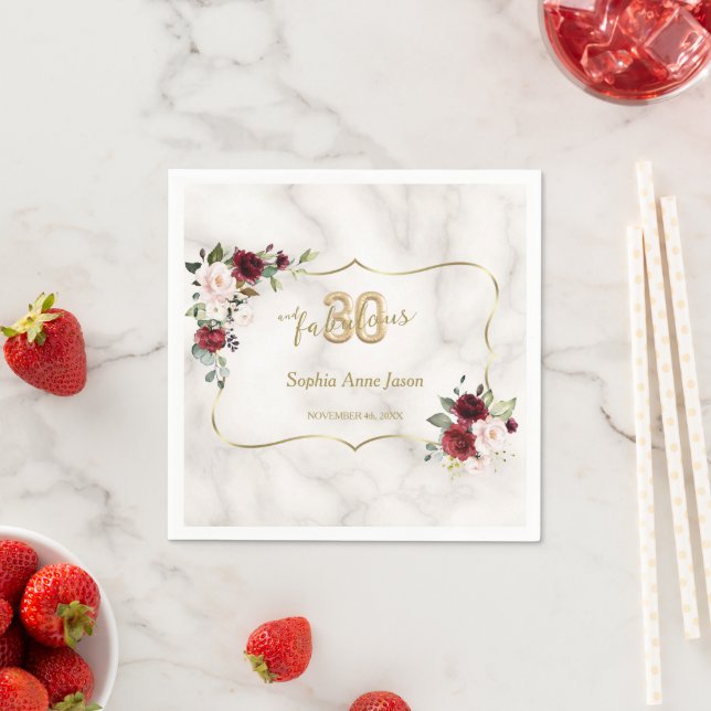 Pink Burgundy Floral Gold 30 and Fabulous Birthday Napkins (Insitu)