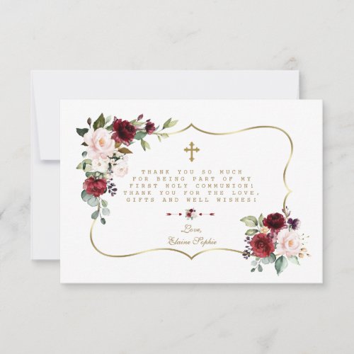 Pink Burgundy Floral Gold Cross Holy Communion Thank You Card