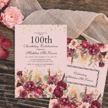 Pink Burgundy Floral Gold Glitter 100th Birthday