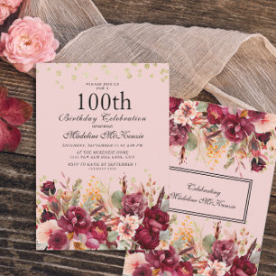 Pink Burgundy Floral Gold Glitter 100th Birthday Invitation