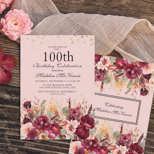 Pink Burgundy Floral Gold Glitter 100th Birthday Invitation