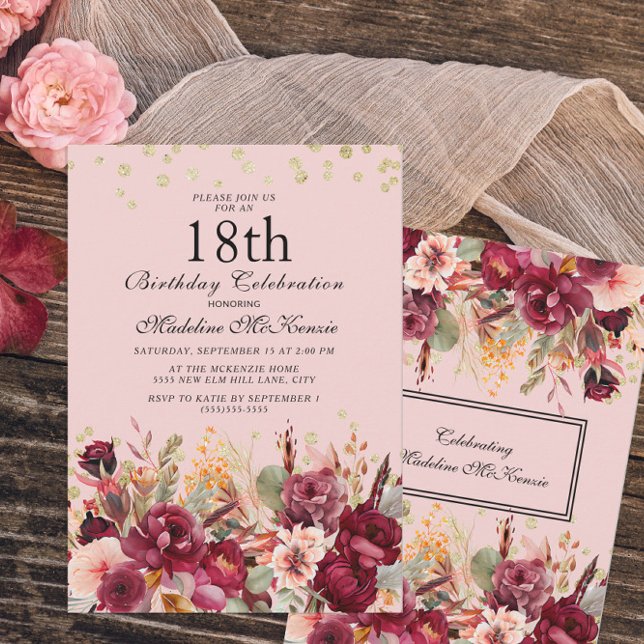 Pink Burgundy Floral Gold Glitter 18th Birthday Invitation (Creator Uploaded)