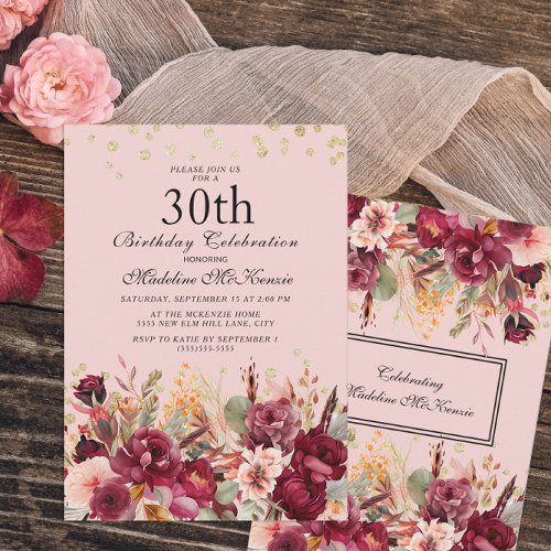 Pink Burgundy Floral Gold Glitter 30th Birthday Invitation