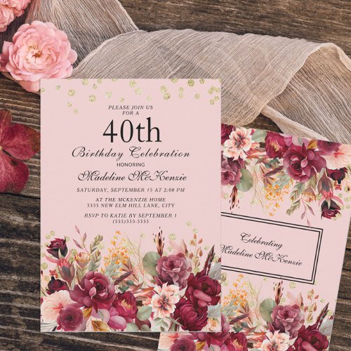 Pink Burgundy Floral Gold Glitter 40th Birthday Invitation
