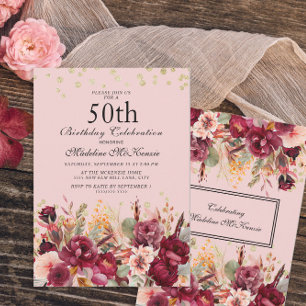 Pink Burgundy Floral Gold Glitter 50th Birthday Invitation