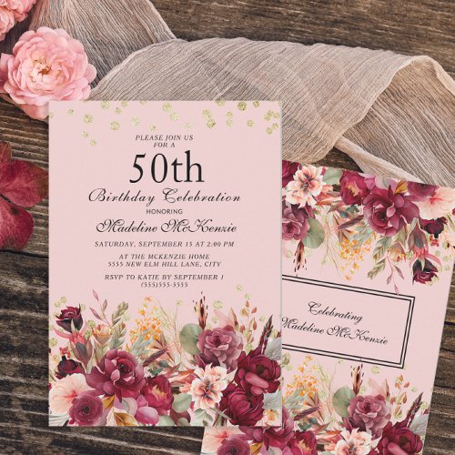 Pink Burgundy Floral Gold Glitter 50th Birthday Invitation