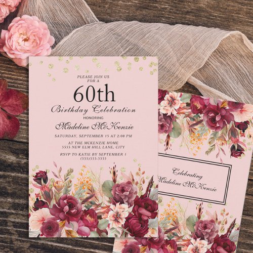 Pink Burgundy Floral Gold Glitter 60th Birthday Invitation