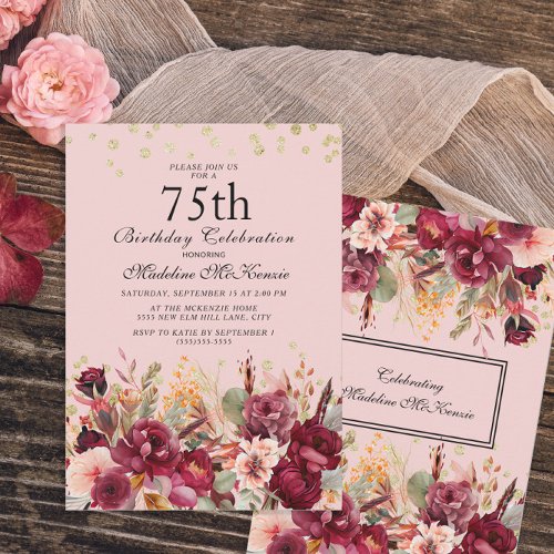 Pink Burgundy Floral Gold Glitter 75th Birthday Invitation