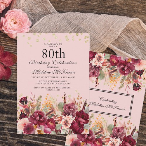 Pink Burgundy Floral Gold Glitter 80th Birthday Invitation