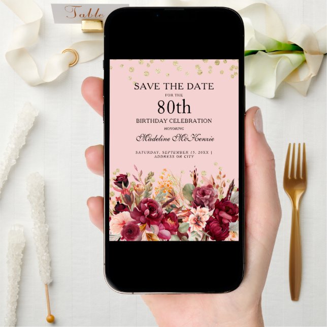Pink Burgundy Floral Gold Glitter 80th Birthday Save The Date (Front Digital)