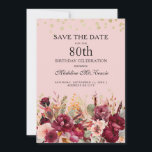 Pink Burgundy Floral Gold Glitter 80th Birthday Save The Date<br><div class="desc">Elegant pink and burgundy watercolor floral and greenery 80th birthday party Save the Date with gold glitter. Contact me for assistance with customization or to request additional matching or coordinating Zazzle products for your celebration.</div>