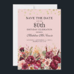 Pink Burgundy Floral Gold Glitter 80th Birthday Save The Date<br><div class="desc">Elegant pink and burgundy watercolor floral and greenery 80th birthday party Save the Date with gold glitter. Contact me for assistance with customization or to request additional matching or coordinating Zazzle products for your celebration.</div>