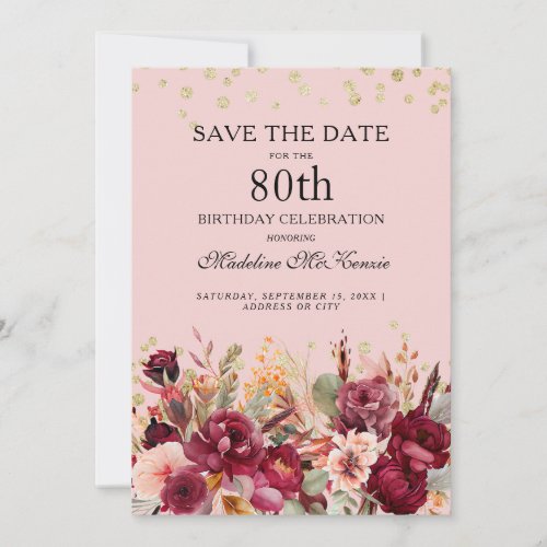 Pink Burgundy Floral Gold Glitter 80th Birthday Save The Date