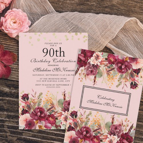 Pink Burgundy Floral Gold Glitter 90th Birthday Invitation