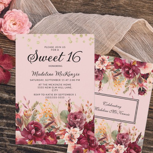 Pink Burgundy Floral Gold Glitter Sweet 16 Invitation