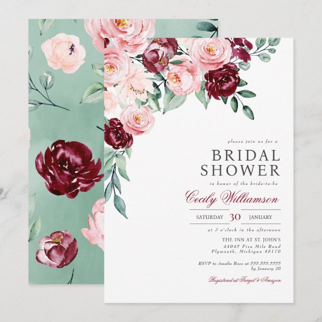 Pink Burgundy Floral Greenery Bridal Shower  Invitation (Front/Back)