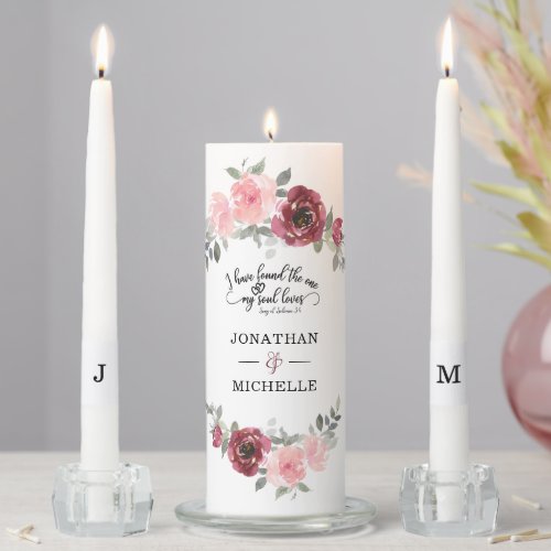 Pink Burgundy Floral Inspirational Wedding Unity Candle Set