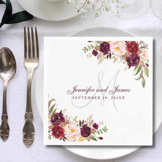 Pink Burgundy Floral Monogram Watercolor Wedding Napkins (Creator Uploaded)
