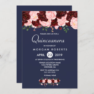 Pink Burgundy Floral Navy Blue Quinceanera Invite