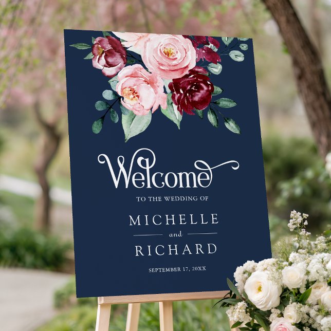 Pink Burgundy Floral Navy Wedding Welcome Sign (Creator Uploaded)