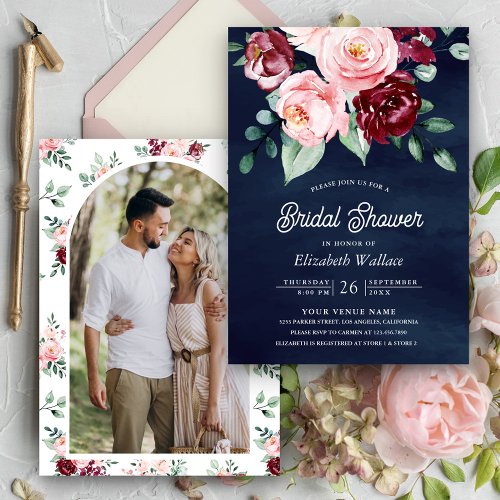 Pink Burgundy Floral Photo Navy Blue Bridal Shower Invitation