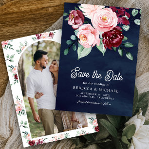Pink Burgundy Floral Photo Navy Blue Wedding Save The Date