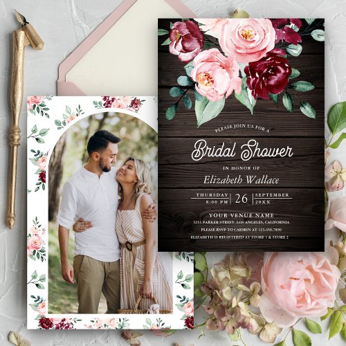 Pink Burgundy Floral Photo Wood Bridal Shower Invitation