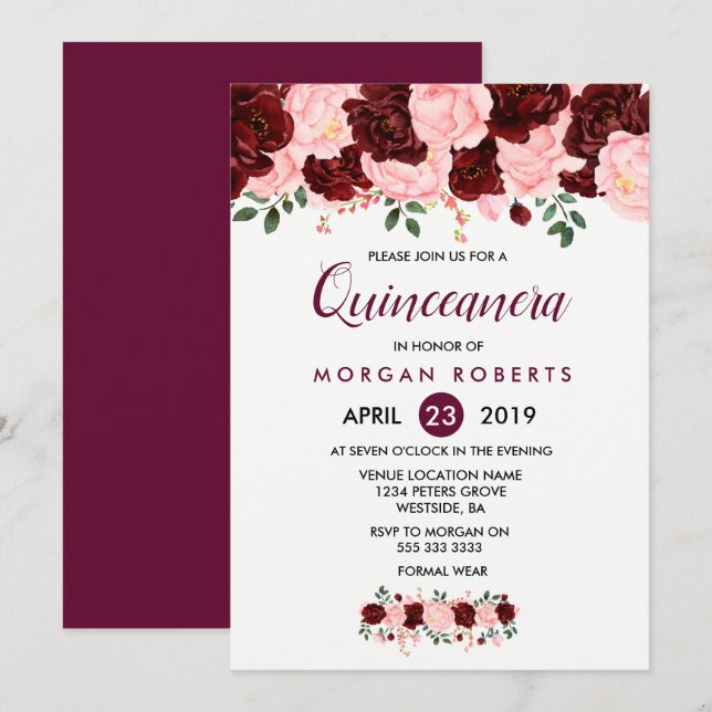 Pink & Burgundy Floral Quinceanera Invitation (Front/Back)