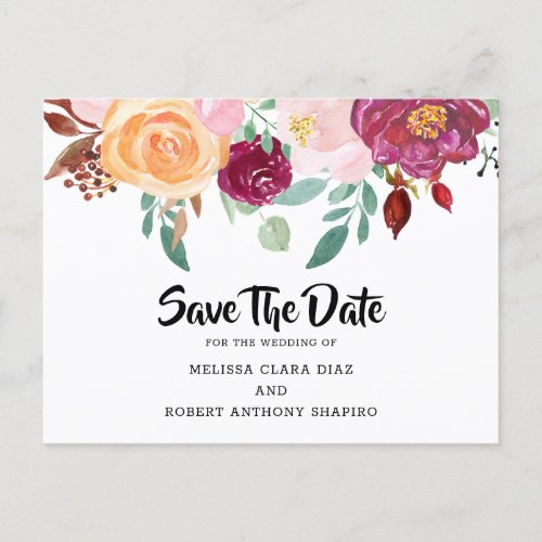 Pink Burgundy Floral Save The Date Wedding Announcement Postcard